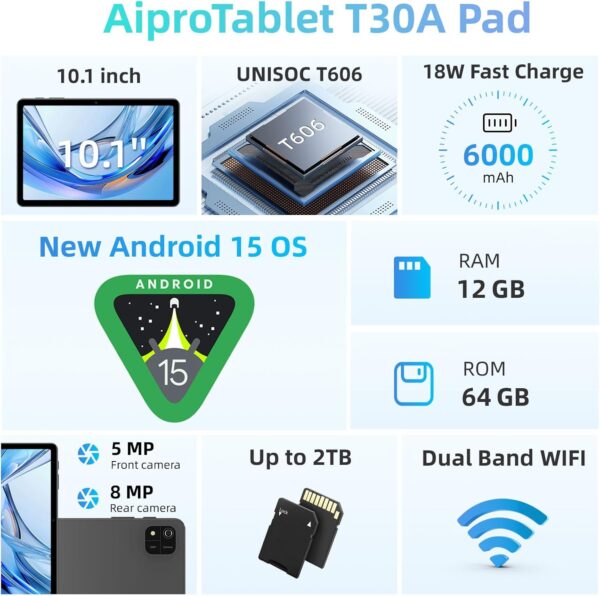 Tablet Android 15 Tablets 10 inch with Octa-Core Processor, 12GB RAM 64GB ROM 2TB Expand, 1280x800 HD Touchscreen, GPS, WiFi 5, Dual Camera, BT5.0, 6000mAh, Widevine L1, Google Tablet (Black) - Image 2