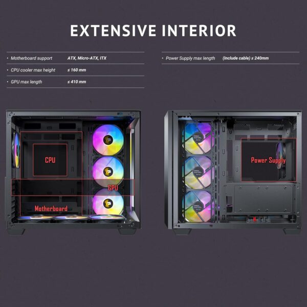 Antec C5 ARGB, 7 x 120mm ARGB PWM Fans Included, Up to 10 Fans Simultaneously, Type-C 3.2 Gen 2 Port, Seamless Tempered Glass Front & Side Panels, 360mm Radiator Support, Mid-Tower ATX PC Case - Image 15