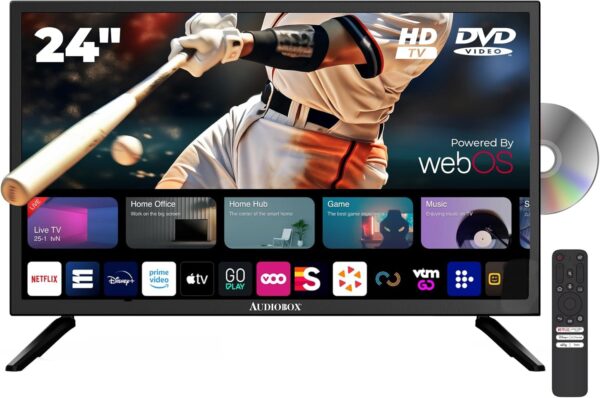 Audiobox Smart LED HDTV with Built-in DVD Player, AC/DC Compatible, Perfect for RVs, Movies, Gaming, HDMI, USB, 12V Included Cable, Ideal for Travel, & Home Entertainment (24-Inch)