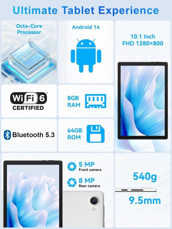 Tablet, Android Tablet with Octa-Core Processor, 10 inch Tablet with HD LCD Touch Screen, 8GB RAM 64GB ROM 1T Expand, Wi-Fi 6, BT 5.3, Dual Camera, Long Life Battery, Google Tablet 2024 - Image 2