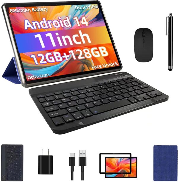 Android 14 Tablet 11inch, Support Face Unlock, 18W Fast Charging, 12GB+128GB+512GB Expand, Octa-core CPU, 8000mAh Large Battery WiFi6, BT5.0,Touchscreen Display, Widevine L1 Tableta, 2in1 Tablet PC