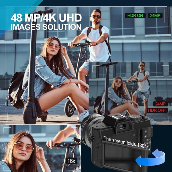 48MP Digital Cameras for Photography with WiFi & App Control,4K Autofocus Vlogging Camera for YouTube with 16X Zoom, Anti-Shake, 32GB TF Card, Dual Batteries, 52mm Wide Angle & Macro Lens - Image 2