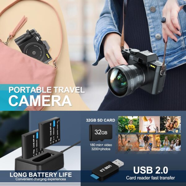 48MP Digital Cameras for Photography with WiFi & App Control,4K Autofocus Vlogging Camera for YouTube with 16X Zoom, Anti-Shake, 32GB TF Card, Dual Batteries, 52mm Wide Angle & Macro Lens - Image 3