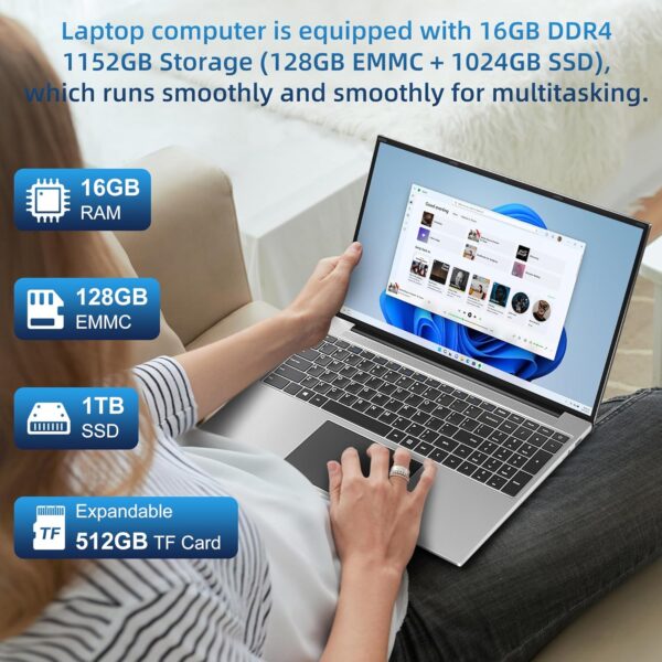 jumper Laptop Computer with 16 Inch FHD 1200P Display, 16GB RAM 1152GB Storage, Laptops with N95 CPU, 38WH Battery, 2 Speakers, HDMI, 2.4G+5G WiFi. - Image 3