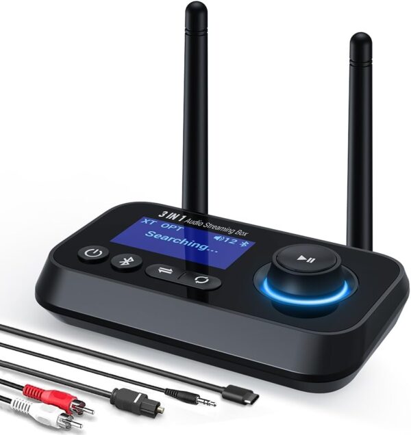 Bluetooth Transmitter Receiver 3-in-1 Bluetooth 5.3 Audio Adapter for 2 Headphones with Dual Antenna Bypass Volume Control LCD Display 3.5mm Aux/Optical/RCA for Home Stereo TV Speaker PC