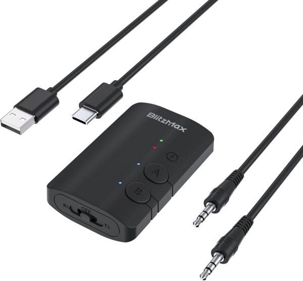 Bluetooth 5.3 Transmitter Receiver for TV 2-in-1 Mini Wireless Adapter with Headphones Dual Pairs, 3.5mm Aux Audio Jack, Aptx Low Latency for Airplane/Earbuds/Car/Stereo/Treadmill/Tablets - Black