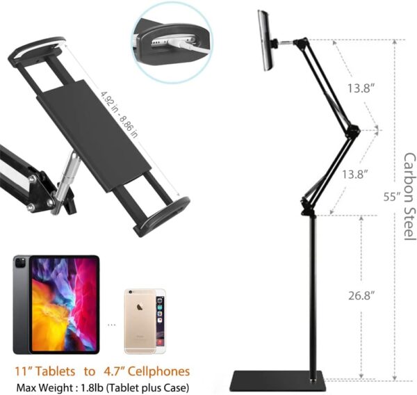 Tablet Floor Stand, Overhead Bed Phone Stand Angle Height Adjustable Holder, Universal Floor Stand Compatible with iPhone iPad Pro Air Mini, Samsung Tab, Kindle, E-Readers… - Image 3