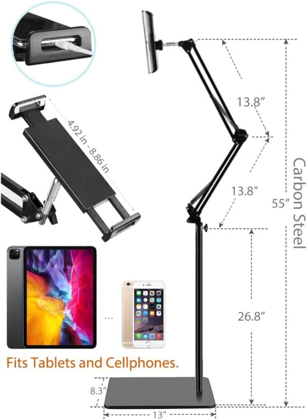 Tablet Floor Stand with Double Weight Base, Overhead Bed Phone Mount Height Adjustable Arm Stretchable Stand Holder, Compatible with iPad Mini Air Pro, Galaxy Tab, Kindle, Switch, Cell Phones - Image 6