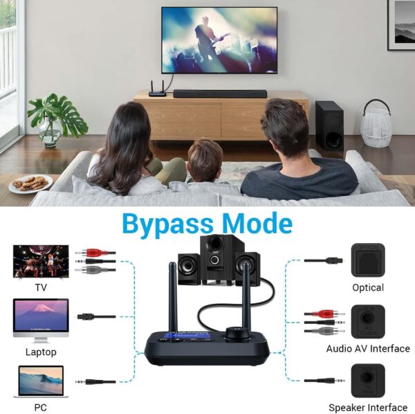 Bluetooth Transmitter Receiver 3-in-1 Bluetooth 5.3 Audio Adapter for 2 Headphones with Dual Antenna Bypass Volume Control LCD Display 3.5mm Aux/Optical/RCA for Home Stereo TV Speaker PC - Image 5