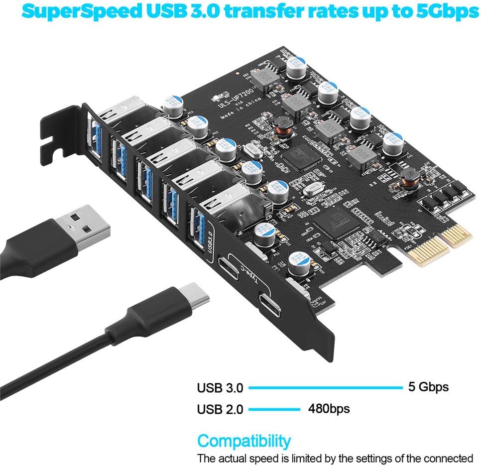 PCI-E to USB 3.0 7-Port(2X USB-C - 5X USB-A) Expansion Card,PCI Express USB Add in Card, Internal USB3 Hub Converter for Desktop PC Host Card Support Windows 10/8/7/XP and MAC OS 10.8.2 Above - Image 5