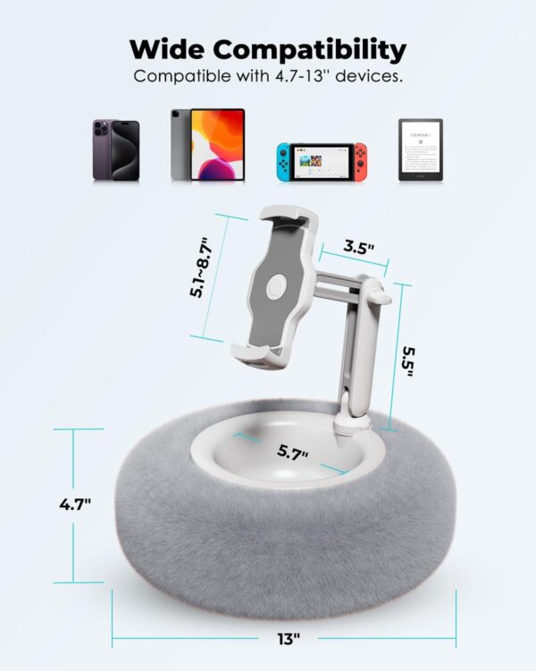 Viozon Tablet Stand Pillow, Compatible with 4.7"-13" Phone/Tablet, iPad, iPhone, Samsung, Google, Kindle, 360°Adjustable Phone Holder for Bed with Soft Plush Fabric, and Detachable Bowl, Grey - Image 3