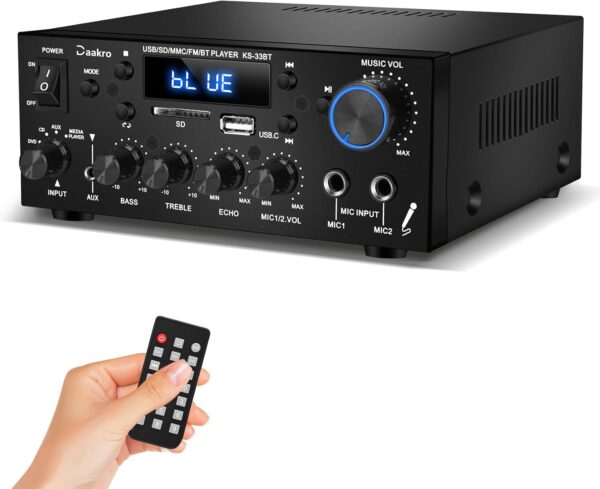 Amplifier Home Audio, HiFi Mini Amp Home Theater with 2-Channel, Bluetooth 5.0, Max 400Wx2 RMS 60Wx2 Car Speaker Receiver with Echo/MIC/USB/SD/AUX/FM for Home, Car, Karaoke