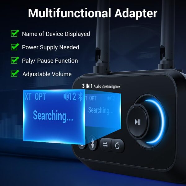 Bluetooth Transmitter Receiver 3-in-1 Bluetooth 5.3 Audio Adapter for 2 Headphones with Dual Antenna Bypass Volume Control LCD Display 3.5mm Aux/Optical/RCA for Home Stereo TV Speaker PC - Image 6