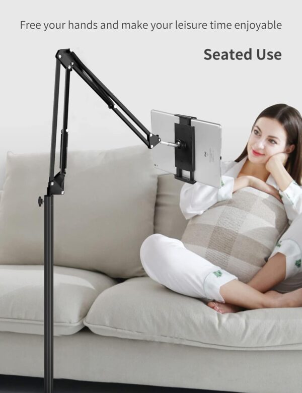 Tablet Floor Stand with Double Weight Base, Overhead Bed Phone Mount Height Adjustable Arm Stretchable Stand Holder, Compatible with iPad Mini Air Pro, Galaxy Tab, Kindle, Switch, Cell Phones - Image 3