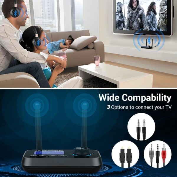 Bluetooth Transmitter Receiver 3-in-1 Bluetooth 5.3 Audio Adapter for 2 Headphones with Dual Antenna Bypass Volume Control LCD Display 3.5mm Aux/Optical/RCA for Home Stereo TV Speaker PC - Image 7