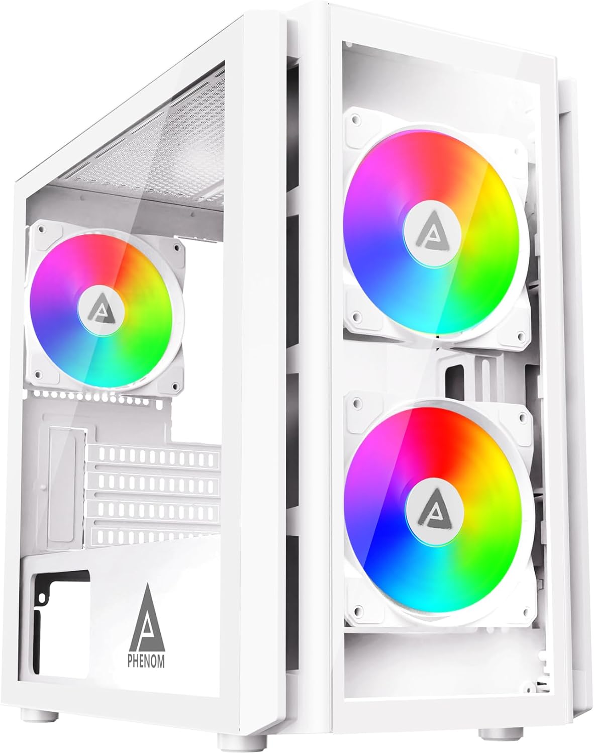 Apevia PHENOM-WH Phenom Micro ATX Gaming PC Case w/ 3x 120mm ARGB Fans, 366 RGB Light Modes, 2x Tempered Glass Panels, Front Panel Airflow Vents, Magnetic Dust Filters, 2x USB3.0, HD Audio Port, White
