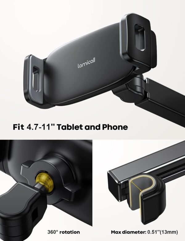 Lamicall Car Headrest Tablet Holder - [3 in 1 Extension Arm] Adjustable Tablet Car Mount for Back Seat, Road Trip Essentials for Kids, for 4.7-11" Tablet Like iPad Pro, Air, Mini, Galaxy, Fire, Black - Image 6