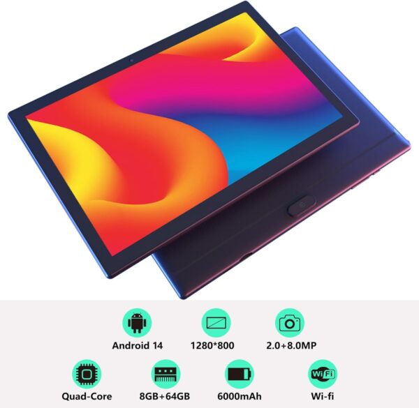 Tablet Android 14 Tablet 10 Inch Tablet 64GB Storage Tablets 8GB RAM 1024GB Expand 2MP+8MP Dual Camera 10 IN Tab Quad-Core Processor WiFi Bluetooth 6000MAH Battery 10.1'' IPS HD Touch Screen Tableta - Image 5