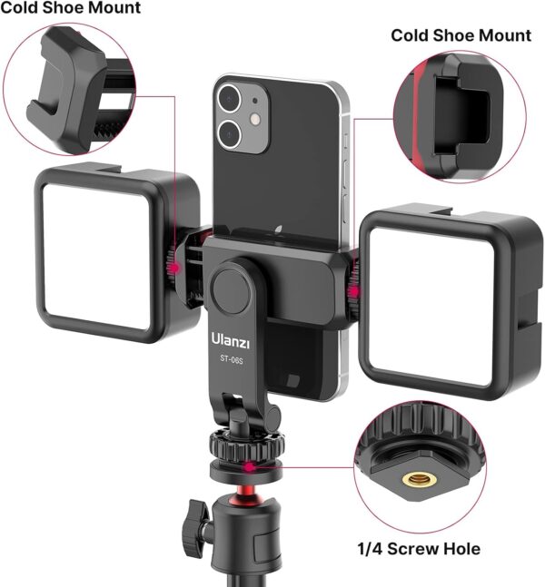 ULANZI Phone Tripod Mount ST-06S, New Universal Smartphone Mount Adapter with 2 Cold Shoe, 360° Rotates Adjustable Cell Phone Clip Clamp Holder, Compatible with iPhone, Samsung Galaxy and All Phones - Image 2