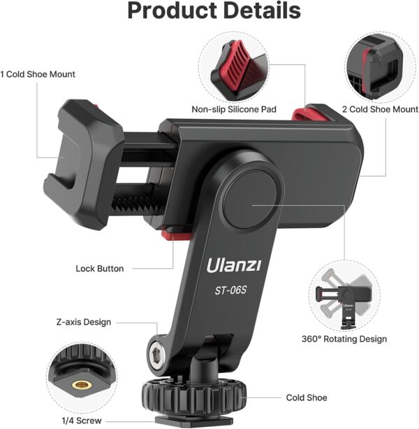ULANZI Phone Tripod Mount ST-06S, New Universal Smartphone Mount Adapter with 2 Cold Shoe, 360° Rotates Adjustable Cell Phone Clip Clamp Holder, Compatible with iPhone, Samsung Galaxy and All Phones - Image 6