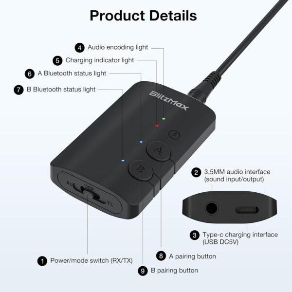 Bluetooth 5.3 Transmitter Receiver for TV 2-in-1 Mini Wireless Adapter with Headphones Dual Pairs, 3.5mm Aux Audio Jack, Aptx Low Latency for Airplane/Earbuds/Car/Stereo/Treadmill/Tablets - Black - Image 9