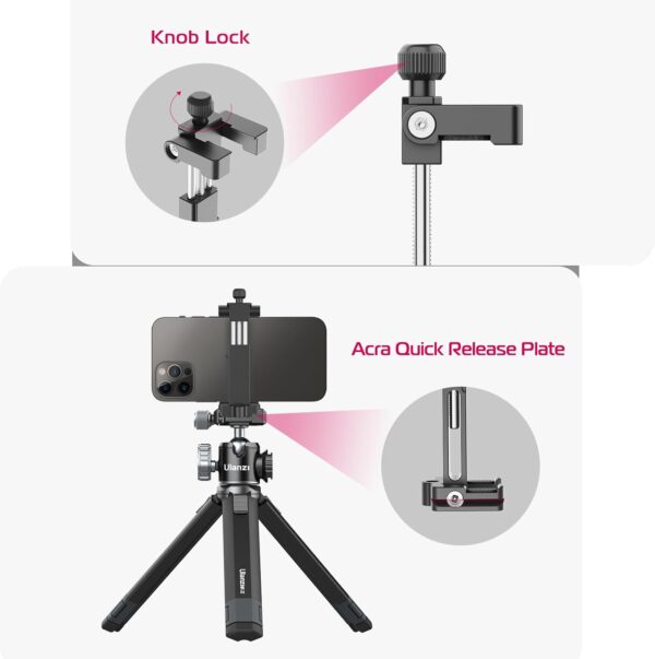 ULANZI ST-03 Metal Smart Phone Tripod Mount with Cold Shoe Mount and Arca-Style Quick Release Plate for iPhone Xs Xs Max X 8 7 Plus Samsung,Cell Phone Tripod Holder Clip Adapter for Joby GorillaPod - Image 6