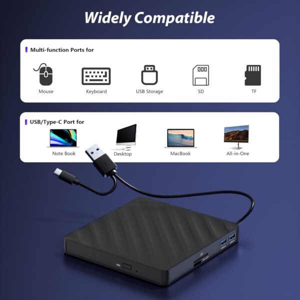 5 in 1 External Blu Ray Drive, Portable Blu Ray Player with USB 3.0 Type-C, CD DVD Burner 3D Blu Ray with SD/TF Port, Blu Ray Drive Compatible with Windows Laptop Desktop, Bluray Player for PC - Image 7