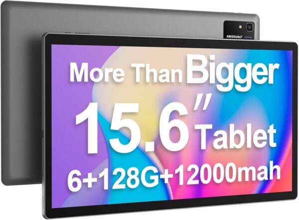 Tablet 15.6 Inch Android 14 Tablet Upgraded, Large Tablet with 1080P IPS HD Display, 8Core, G99, 6GB+128GB, Wi-Fi 5, Max512G TF Card, 12000mAh All-Day Battery Life, 5+13MP Cameras-Space Gray