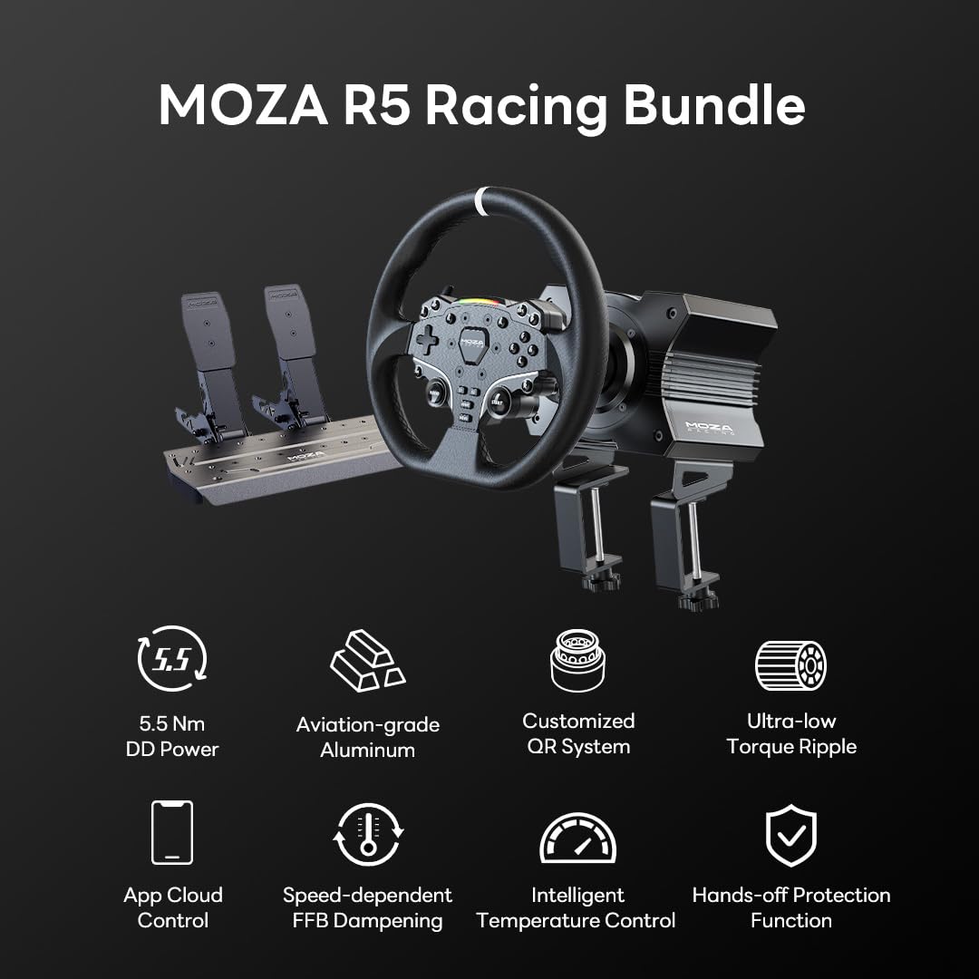 MOZA R5 All-in-One PC Gaming Racing Simulator 4PCS Bundle: 5.5Nm Direct Drive Wheel Base, 11-inch Racing Wheel, Anti-Slip Pedals and a Desk Clamp, Cloud-based App Control - Image 3