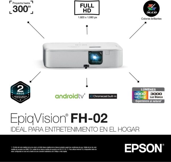 Epson EpiqVision Flex CO-FH02 Full HD 1080p Smart Streaming Portable Projector, 3-Chip 3LCD, 3,000 Lumen Color/White Brightness, Android TV, Bluetooth, 5W Speaker, Home Entertainment - Image 2