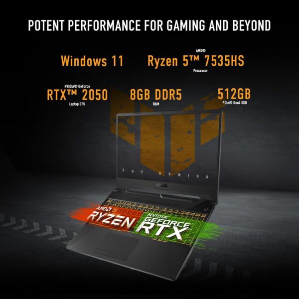 ASUS TUF Gaming A15 Gaming Laptop, 15.6” FHD 144Hz Display, NVIDIA® GeForce RTX™ 2050, AMD Ryzen™ 5 7535HS, 8GB DDR5, 512GB PCIe® Gen4 NVMe™ SSD, Wi-Fi 6, Windows 11, FA506NF-ES51 - Image 2
