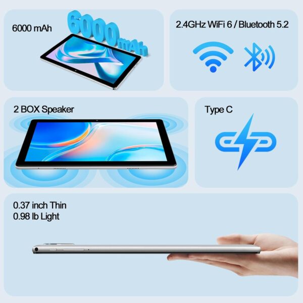 Tablet, 10.1" Android Tablet with Quad-Core Processor, 6GB RAM 64GB ROM, 1280 * 800 HD IPS Touchscreen, 6000 mAh Battery Last up to 8 Hours, WiFi 6, BT 5.2, Dual Camera - Image 4