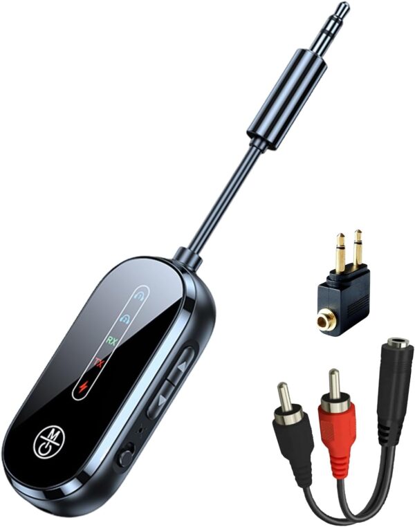 Bluetooth Transmitter Receiver Wireless Adapter: 2-in-1 Aux Audio 2 Headphones for Car TV Gym Airplane Travel Home