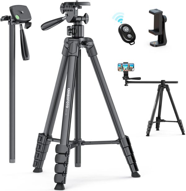 73"-Phone-Tripod-with-Horizontal-Overhead, Selfie Stick/Tall Travel Tripod Stand with Wireless Remote and iPhone Holder, Mirrorless/Compact/GoPro Camera Tripod Compatible iPhone/Smartphone