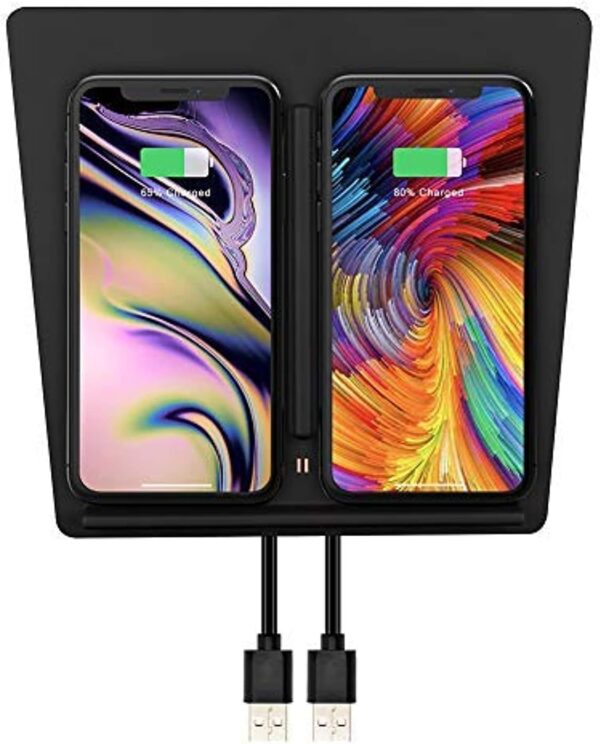 TAPTES Wireless Charger for Tesla Model 3 2017 2018 2019 2020, Dual Phone Charging Pad for Tesla Model 3 Accessories, Car Center Console Interior, Compatible with iPhone & Smartphones, Black