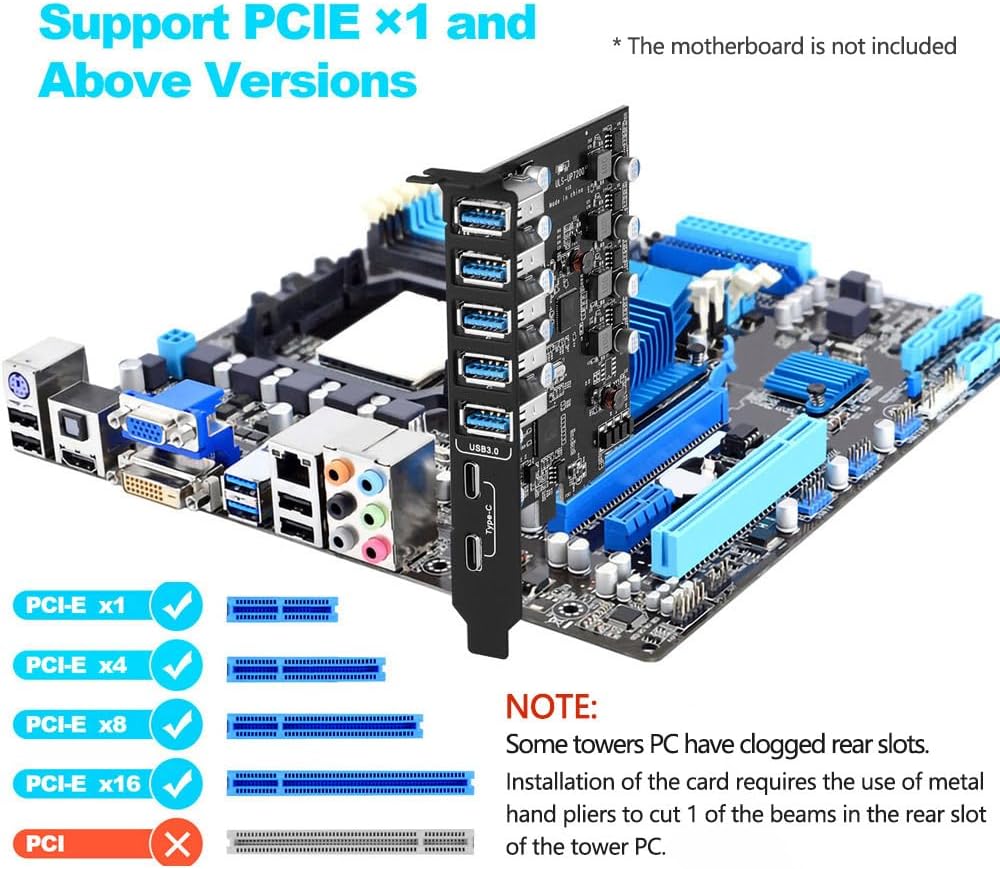 PCI-E to USB 3.0 7-Port(2X USB-C - 5X USB-A) Expansion Card,PCI Express USB Add in Card, Internal USB3 Hub Converter for Desktop PC Host Card Support Windows 10/8/7/XP and MAC OS 10.8.2 Above - Image 2