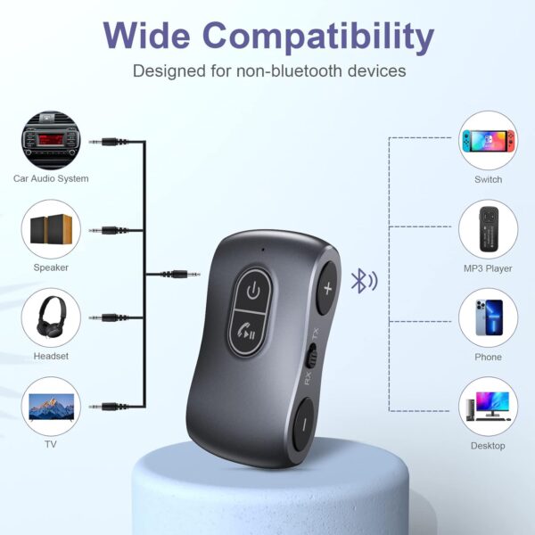 Aux Bluetooth Adpater for Car, Bluetooth 5.3 Transmitter Receiver Noise Cancelling, Portable 3.5mm Aux Bluetooth Adapter Hands-Free Call, Low Latency, for Car Home Stereo/TV/Headphones/Speaker - Image 4