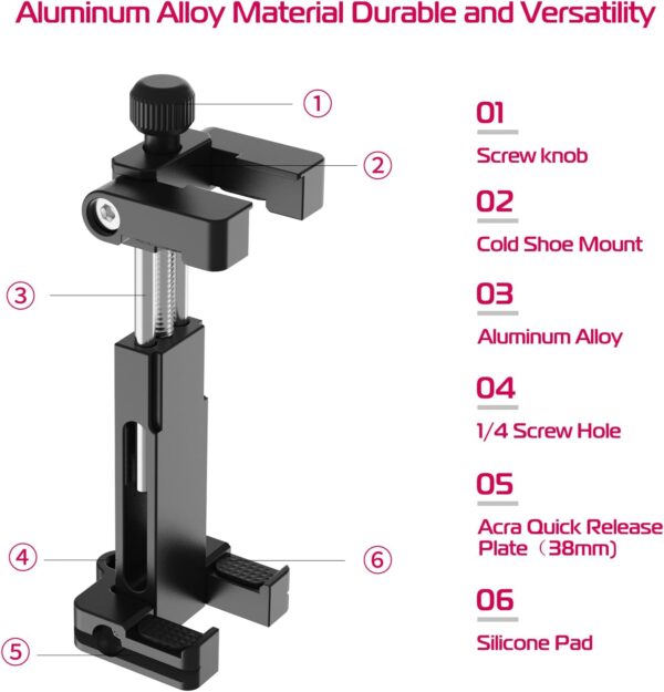 ULANZI ST-03 Metal Smart Phone Tripod Mount with Cold Shoe Mount and Arca-Style Quick Release Plate for iPhone Xs Xs Max X 8 7 Plus Samsung,Cell Phone Tripod Holder Clip Adapter for Joby GorillaPod - Image 3
