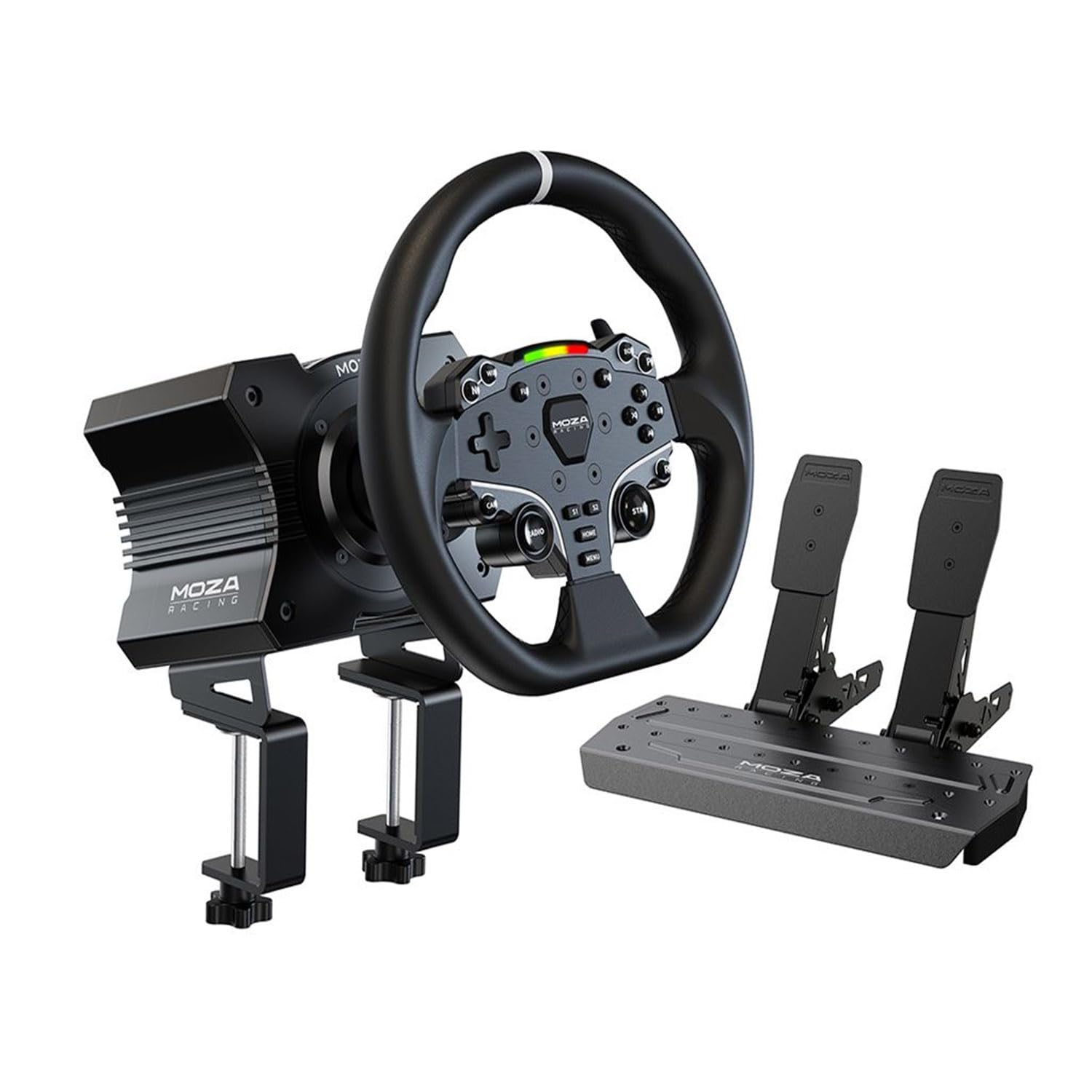 MOZA R5 All-in-One PC Gaming Racing Simulator 4PCS Bundle: 5.5Nm Direct Drive Wheel Base, 11-inch Racing Wheel, Anti-Slip Pedals and a Desk Clamp, Cloud-based App Control