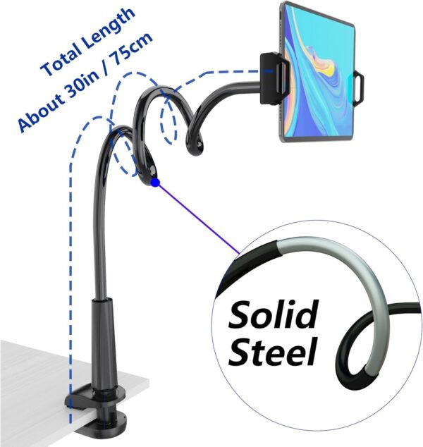 Tablet Stand Holder, Mount Holder Clip with Grip Flexible Long Arm Gooseneck Compatible with ipad iPhone/Nintendo Switch/Samsung Galaxy Tabs/Amazon Kindle Fire HD - Black - Image 2