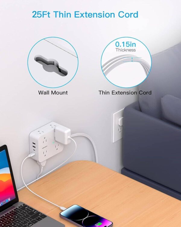 Extension Cord 25 Ft, Power Strip with 4 USB Ports(2 USB C), 1080J Surge Protection, 8 Outlets Extender Desk Charging Station for Home Office Dorm Room Essentials - Image 2