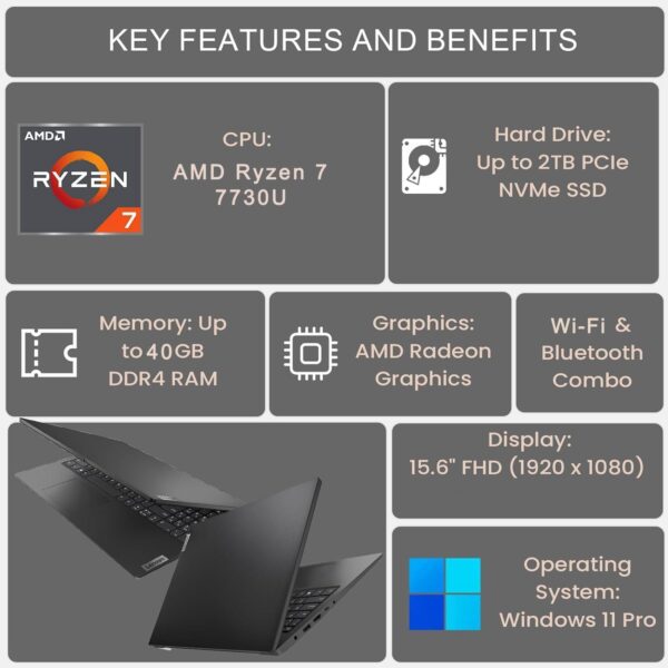 Lenovo V-Series V15 Business Laptop, 15.6" FHD Display, AMD Ryzen 7 7730U, 40GB RAM, 1TB SSD, Numeric Keypad, HDMI, RJ45, Webcam, Wi-Fi, Windows 11 Pro, Black - Image 4