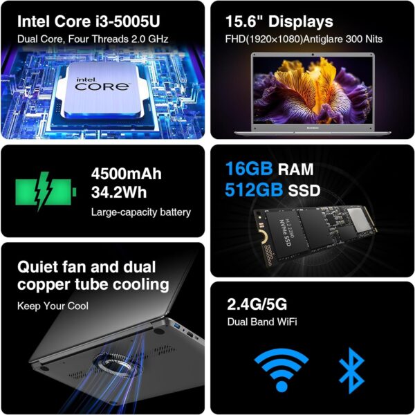 Laptop Computer, 15.6-inch FHD Display, 16GB RAM, 512GB SSD, Intel Core i3 Processor, Windows 11 Notebook for Students, 2.4G/5G WiFi, Ethernet RJ45, Numeric Keypad, USB-A, HD&MI - Image 2