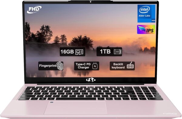 NIMO 15.6'' FHD IPS Student Laptop, 16GB RAM 1TB SSD, Intel Pentium Quad-Core N100(Beat to i3 1115G4, Up to 3.4GHz), 2 Years Warranty, Fingerprint, Backlit Keyboard, Wi-Fi 6，Win 11, Rose Gold