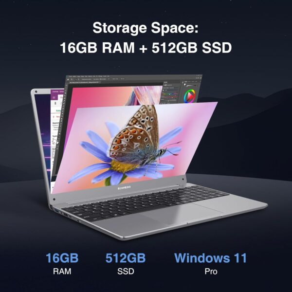 Laptop Computer, 15.6-inch FHD Display, 16GB RAM, 512GB SSD, Intel Core i3 Processor, Windows 11 Notebook for Students, 2.4G/5G WiFi, Ethernet RJ45, Numeric Keypad, USB-A, HD&MI - Image 4
