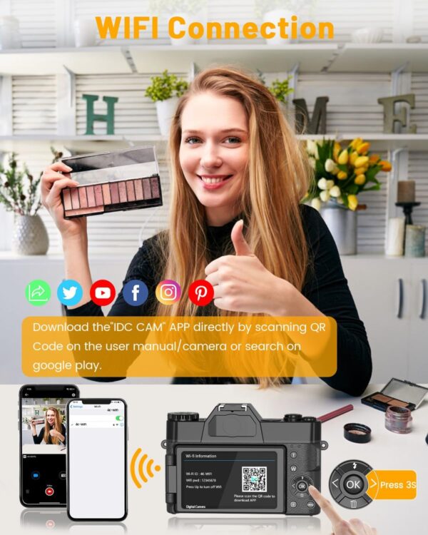 VJIANGER 4K Vlogging Camera for YouTube 56MP Digital Camera for Photography and Video with 180°Flip Screen, 16X Digital Zoom, 52mm Wide Angle & Macro Lens, 32GB Micro SD Card, 2 Batteries(Black) - Image 3