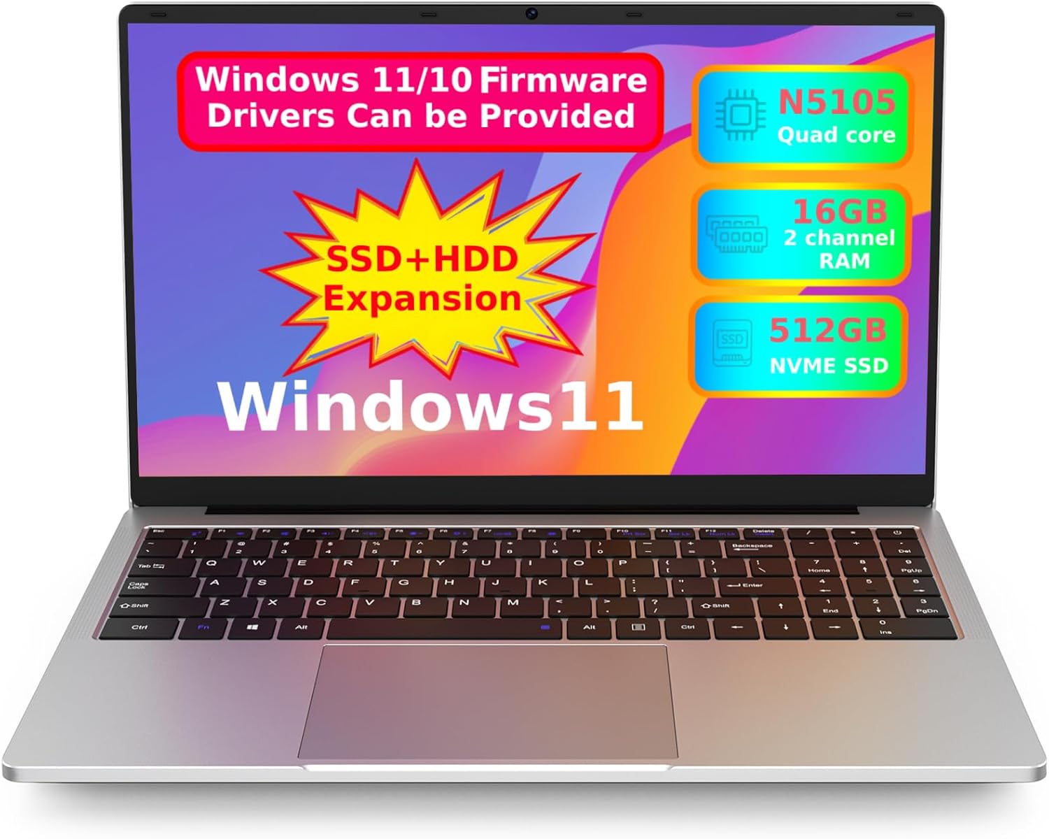 OTVOC Laptop 15.6 inch Windows 11, Celeron JasperLake N5105, Quad Core, Up to 2.9GHz, 16GB RAM, 512GB NVME SSD,Up to 4TB, 15.6" FHD IPS 1920x1080, HDMI, HDD, Type-C, RJ45, Support Windows 10, Silver