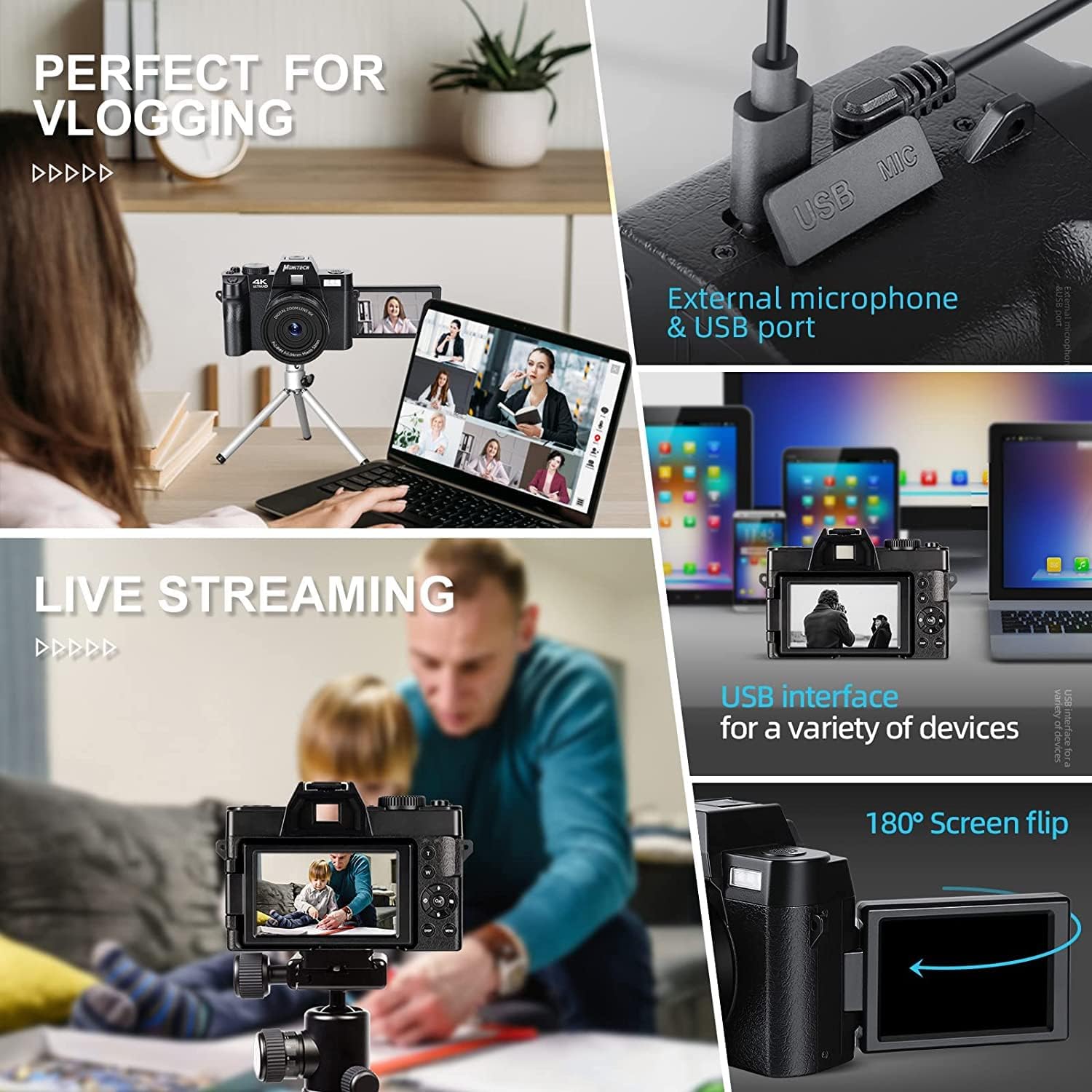 Digital Camera for Photography and Video, 4K 48MP Vlogging Camera for YouTube with 180° Flip Screen,16X Digital Zoom, 2 Batteries(WT,S100,Black ) - Image 4