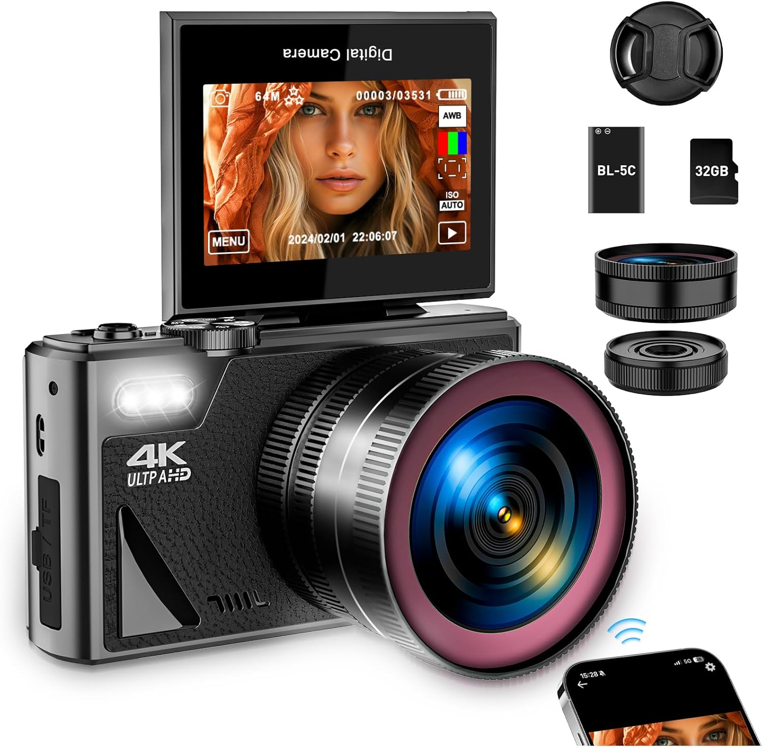 4K Digital Camera for Photography, WiFi Autofocus 64MP Vlogging Camera for YouTube with Super Wide-Angle & Macro Lens, 3" 180° Flip Screen, Video Compact Travel Camera for Beginner, Black