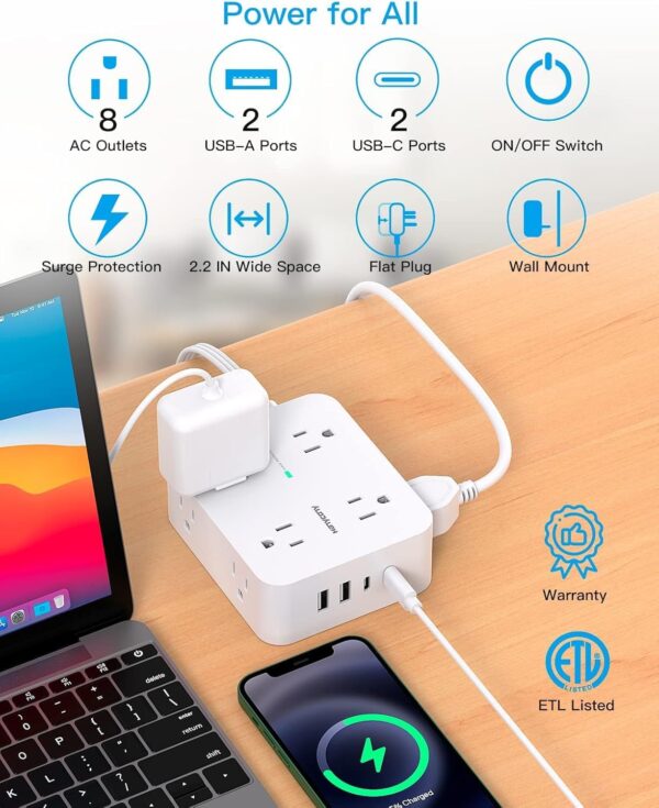 Extension Cord 25 Ft, Power Strip with 4 USB Ports(2 USB C), 1080J Surge Protection, 8 Outlets Extender Desk Charging Station for Home Office Dorm Room Essentials - Image 7
